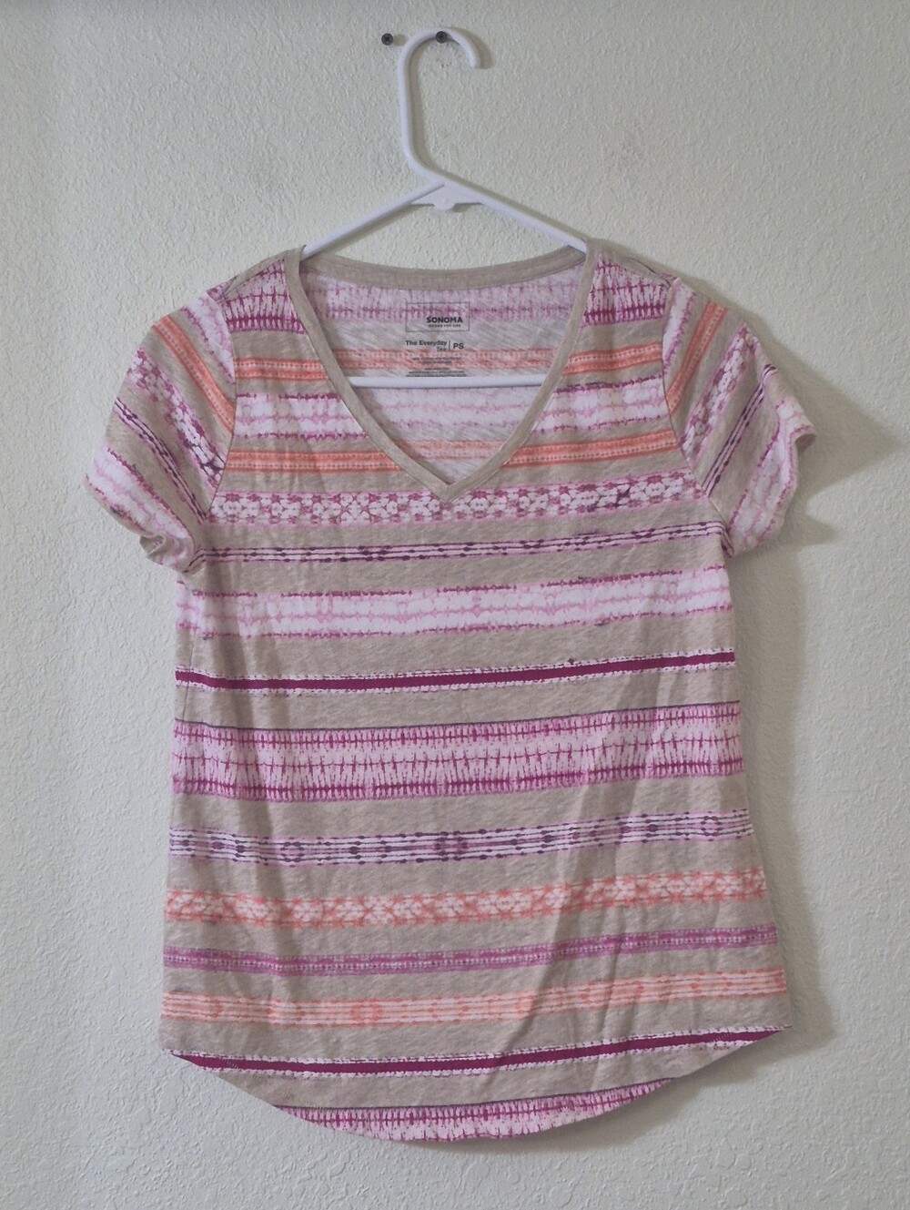 Sonoma Striped V-Neck Tee in Pink, Beige & Coral